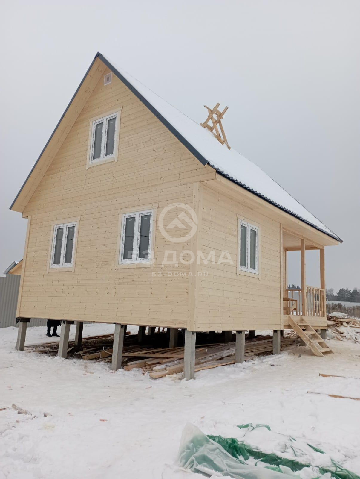 Каркасная баня 6×8 м с мансардой и террасой, 4 недели
